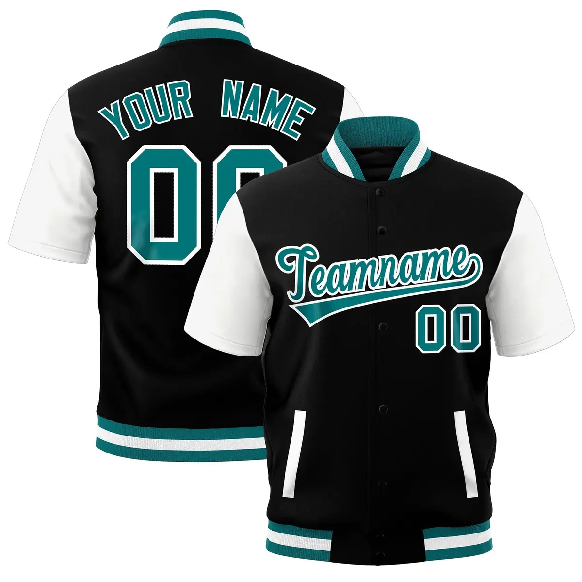 Black White Teal Full-Snap Short Sleeve Varsity Jacket