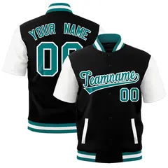 Black White Teal Full-Snap Short Sleeve Varsity Jacket