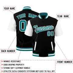 Black White Teal Full-Snap Short Sleeve Varsity Jacket 2