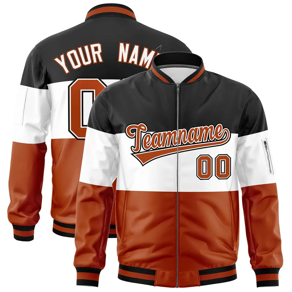 Black White-Texas Orange Color Block Varsity Letterman Bomber Jacket