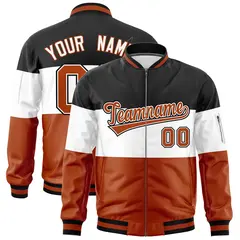 Black White-Texas Orange Color Block Varsity Letterman Bomber Jacket 1