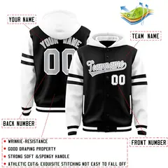 Black White Three Stripes Raglan Full-Snap Varsity Letterman Hoodie 4