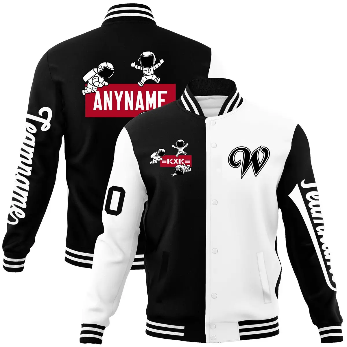 Black White Two Tone Split Varsity Letterman Jacket Raglan Sleeves