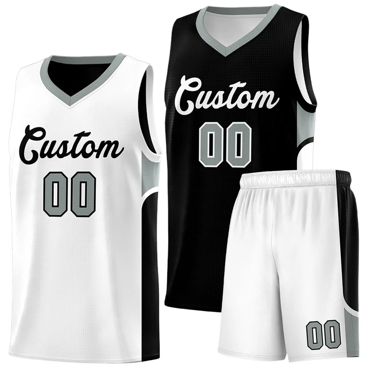 Black White U-shaped Side Pattern Double Side Basketball Jersey