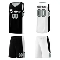 Black White U-shaped Side Pattern Double Side Basketball Jersey 5