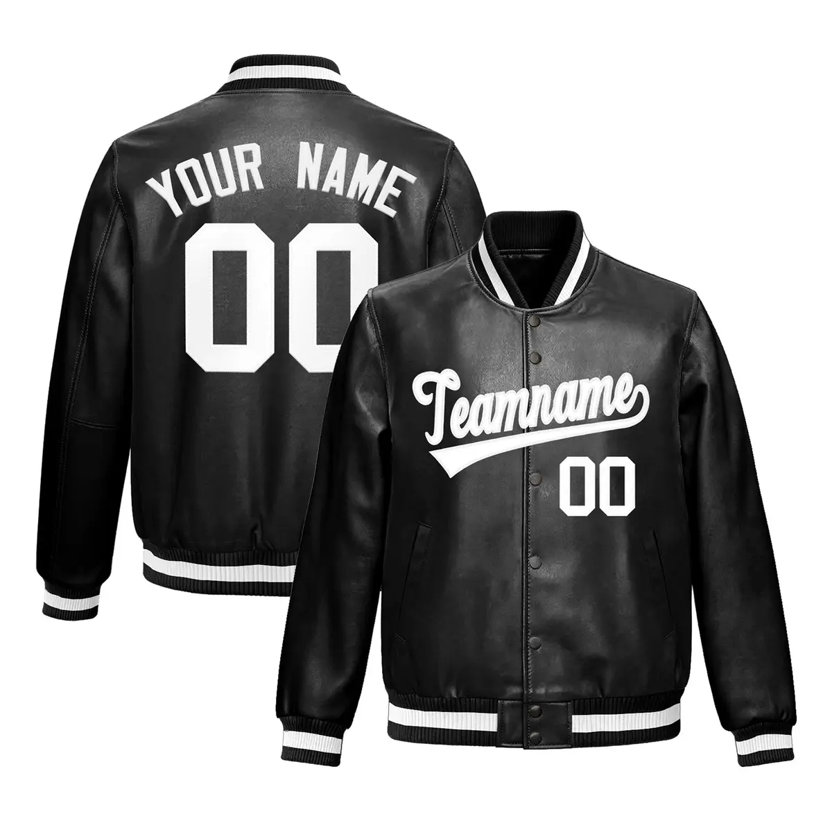 Black White Varsity Full-Snap Faux Leather Letterman Jacket