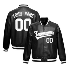 Black White Varsity Full-Snap Faux Leather Letterman Jacket