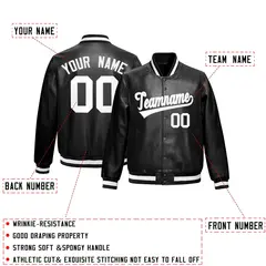 Black White Varsity Full-Snap Faux Leather Letterman Jacket 2