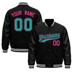 Black White Varsity Jacket with Faux Leather Sleeves 1