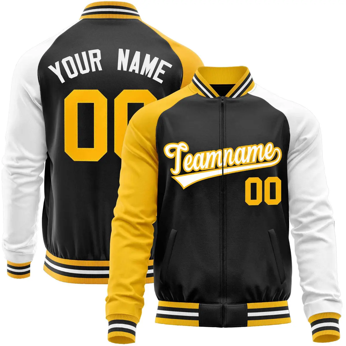 Black White-Yellow Raglan Full-Zip Letterman Baseball Jacket