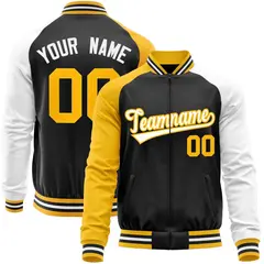 Black White-Yellow Raglan Full-Zip Letterman Baseball Jacket