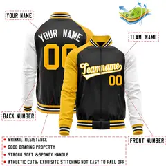 Black White-Yellow Raglan Full-Zip Letterman Baseball Jacket 4