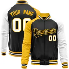 Black White-Yellow Raglan Full-Zip Letterman Baseball Jacket