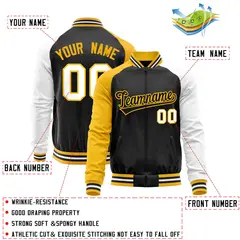 Black White-Yellow Raglan Full-Zip Letterman Baseball Jacket 4
