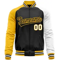 Black White-Yellow Raglan Full-Zip Letterman Baseball Jacket 5
