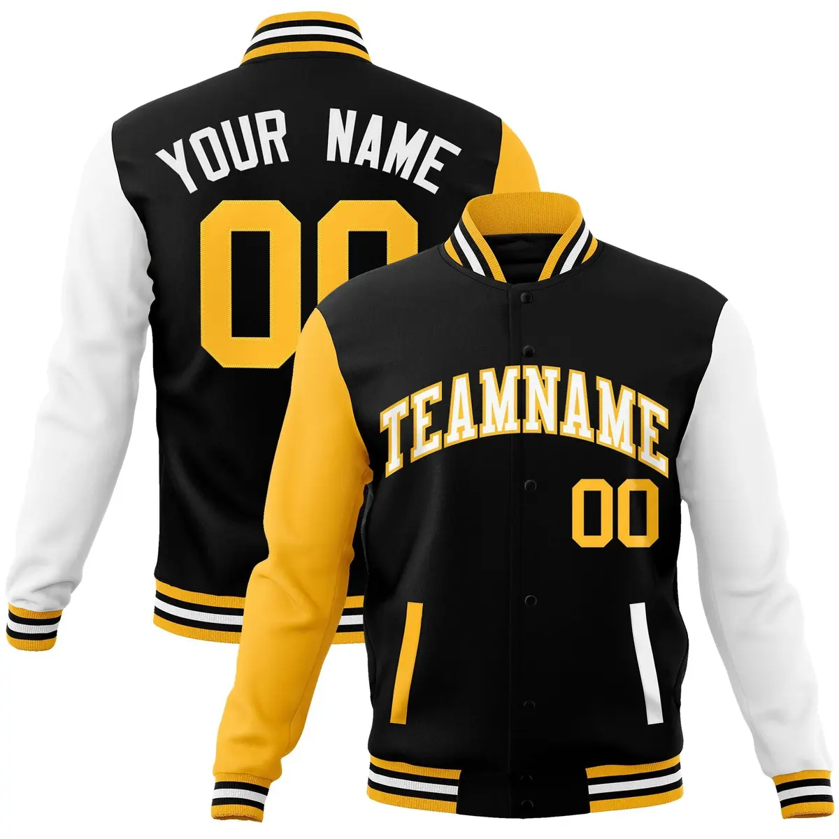Black White-Yellow Raglan Varsity Full-Snap Letterman Jacket