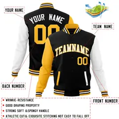 Black White-Yellow Raglan Varsity Full-Snap Letterman Jacket 4
