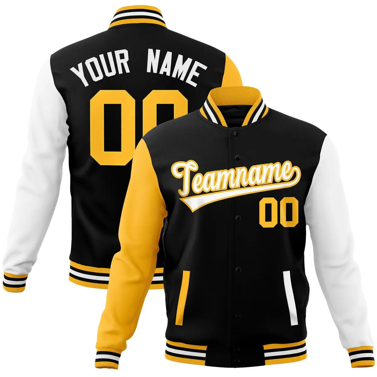 Black White-Yellow Raglan Varsity Full-Snap Letterman Jacket