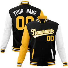 Black White-Yellow Raglan Varsity Full-Snap Letterman Jacket 1