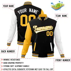 Black White-Yellow Raglan Varsity Full-Snap Letterman Jacket 4