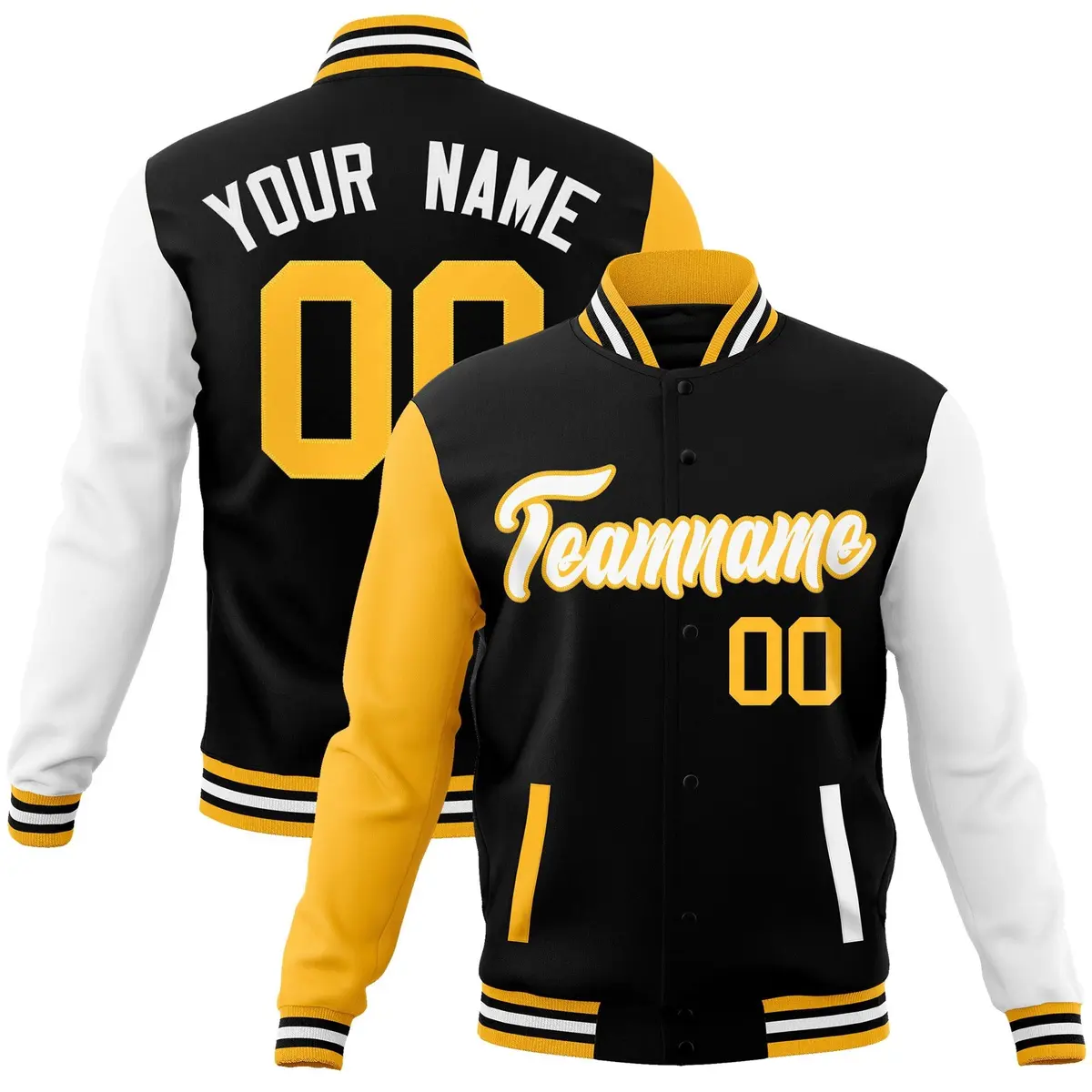 Black White-Yellow Raglan Varsity Full-Snap Letterman Jacket