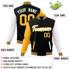 Black White-Yellow Raglan Varsity Full-Snap Letterman Jacket 4