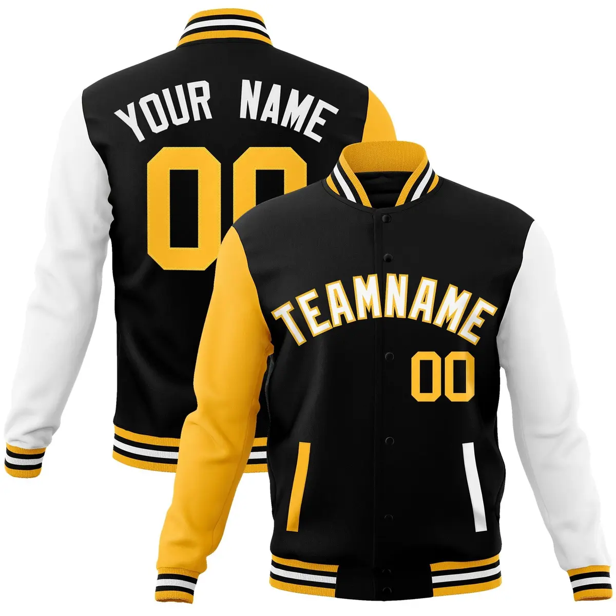 Black White-Yellow Raglan Varsity Full-Snap Letterman Jacket