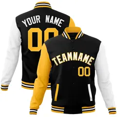 Black White-Yellow Raglan Varsity Full-Snap Letterman Jacket 1