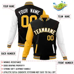 Black White-Yellow Raglan Varsity Full-Snap Letterman Jacket 4