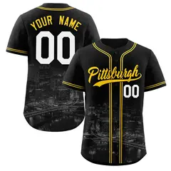 Black Yellow-Black Pittsburgh City Skyline Baseball Jersey 1