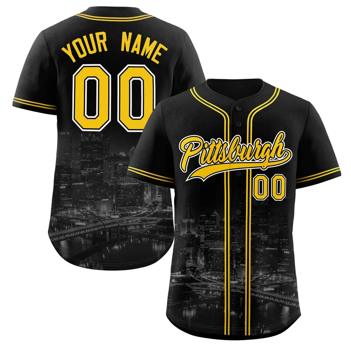 Black Yellow-Black Pittsburgh City Skyline Baseball Jersey