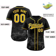 Black Yellow-Black Pittsburgh City Skyline Baseball Jersey 2
