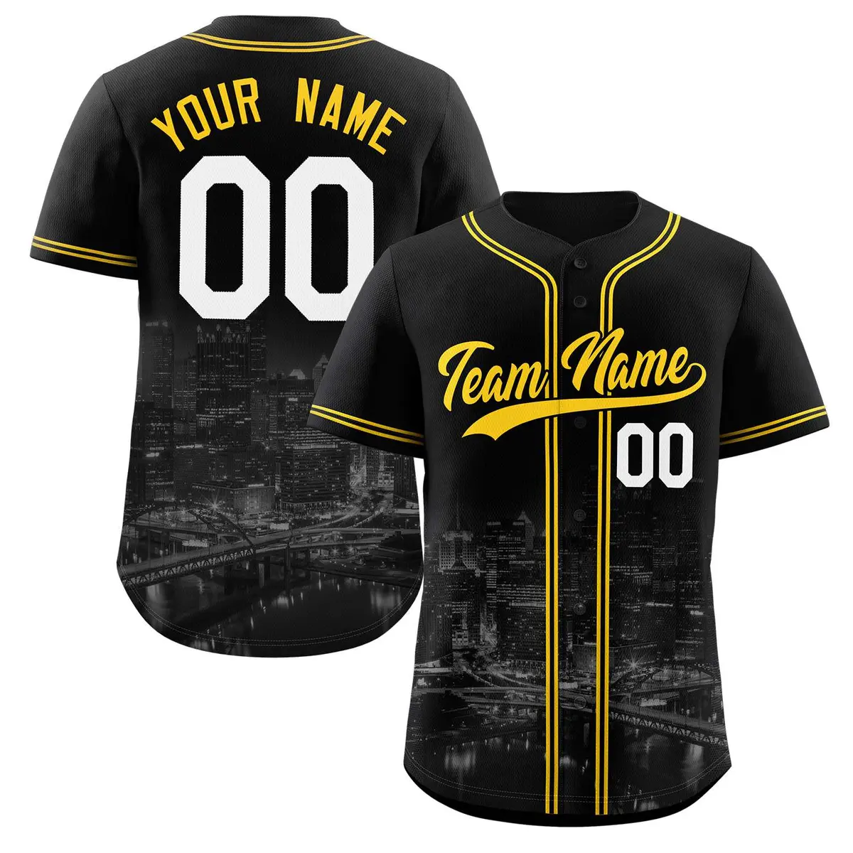 Black Yellow-Black Pittsburgh City Skyline Baseball Jersey