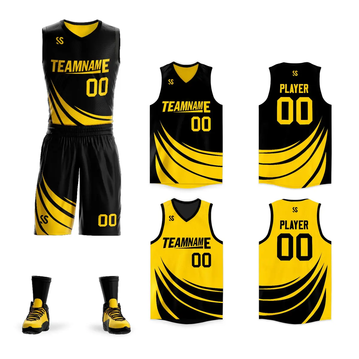 Black Yellow Double Side Sets Basketball Jersey