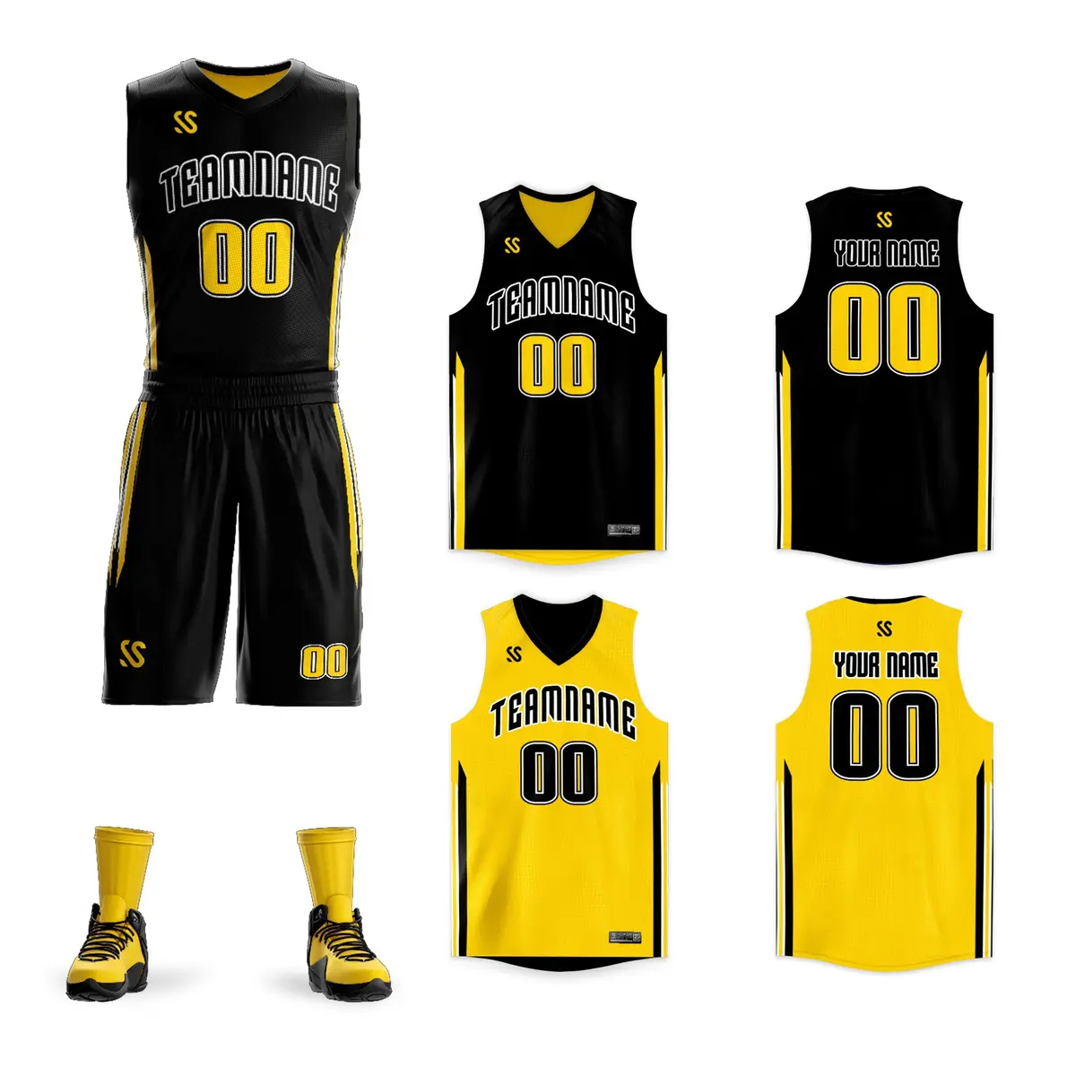 Black Yellow Double Side Sets Basketball Jersey