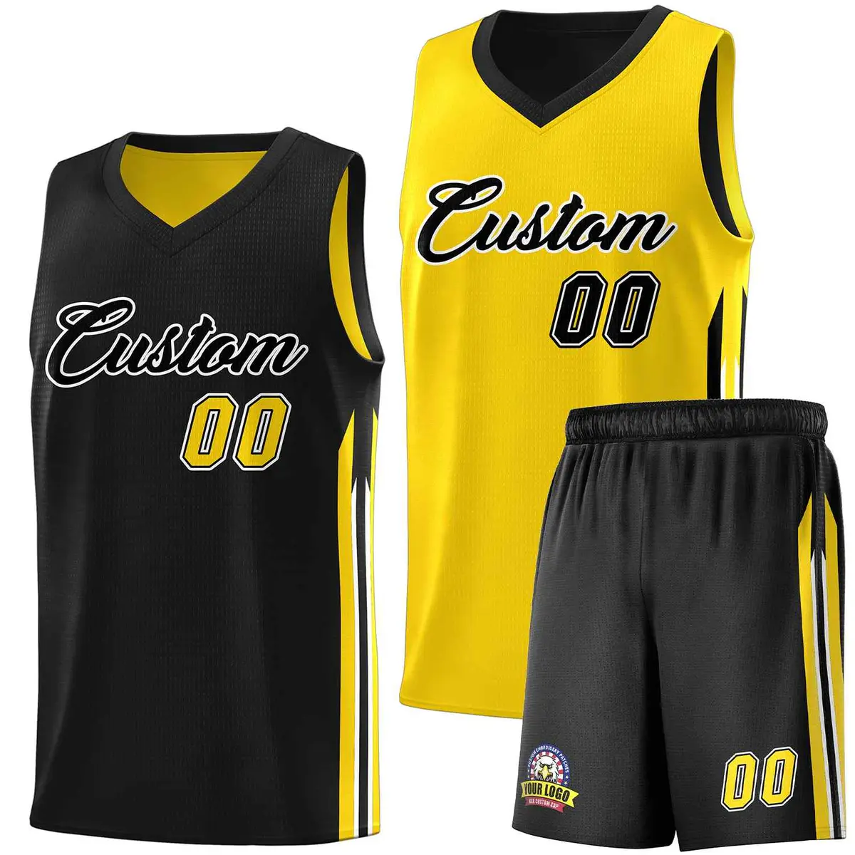 Black Yellow Double Side Sets Basketball Jersey for Men