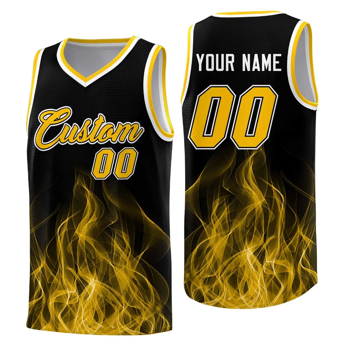 Black Yellow Flame Graffiti Pattern Basketball Jersey