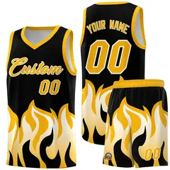 Black Yellow Flame Pattern Hem Basketball Jersey