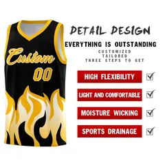 Black Yellow Flame Pattern Hem Basketball Jersey 2