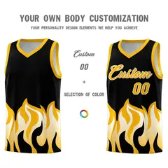 Black Yellow Flame Pattern Hem Basketball Jersey 3