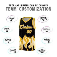 Black Yellow Flame Pattern Hem Basketball Jersey 4