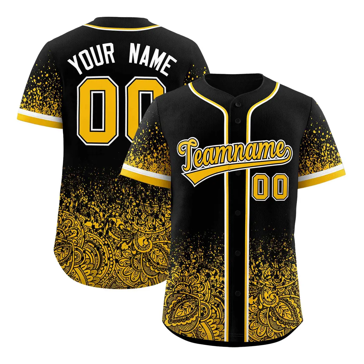Black Yellow Gradient Floral Print Full Button Baseball Jersey