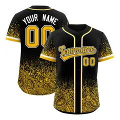 Black Yellow Gradient Floral Print Full Button Baseball Jersey