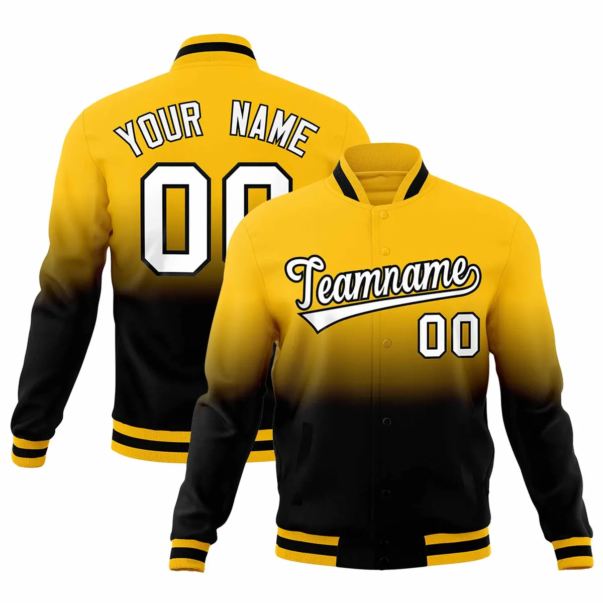 Black Yellow Gradient Full-Snap Varsity Letterman Jacket