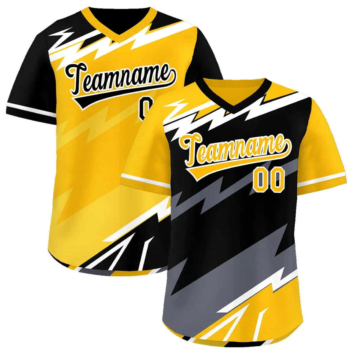 Black Yellow Gray Reversible Baseball Jersey Lightning & Graffiti Pullover V-Neck