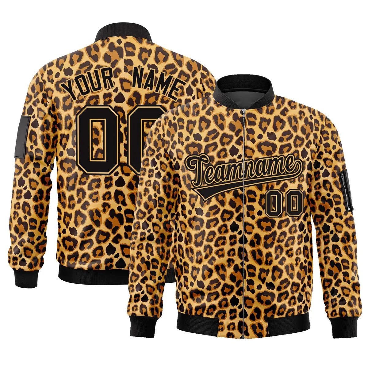 Black Yellow Leopard Graffiti Pattern Zipper Cardigan Bomber Jacket