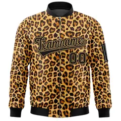 Black Yellow Leopard Graffiti Pattern Zipper Cardigan Bomber Jacket 3