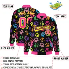 Black Yellow-Pink Paw Prints Graffiti Varsity Letterman Jacket 2