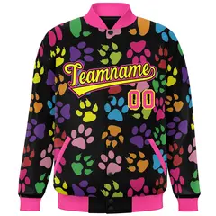 Black Yellow-Pink Paw Prints Graffiti Varsity Letterman Jacket 3