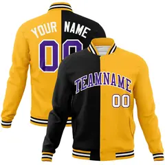 Black Yellow-Purple Two Tone Split Varsity Full-Snap Letterman Jacket